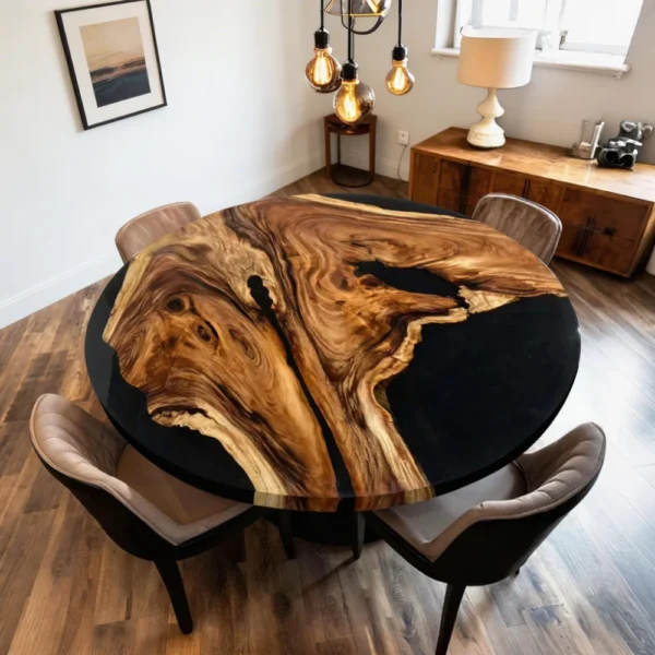 Chicago Minimalist Round Walnut Black Epoxy River Table-HTM-2