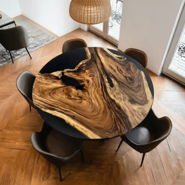 Alternative view of Chicago Minimalist Round Walnut Black Epoxy River Table-HTM-2