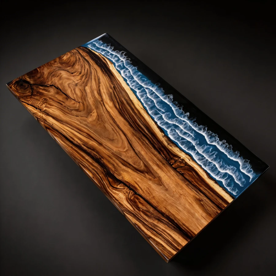 Custom Navy Blue Resin River Walnut Table with Ocean Fish Details-HTM-1 - Image 3