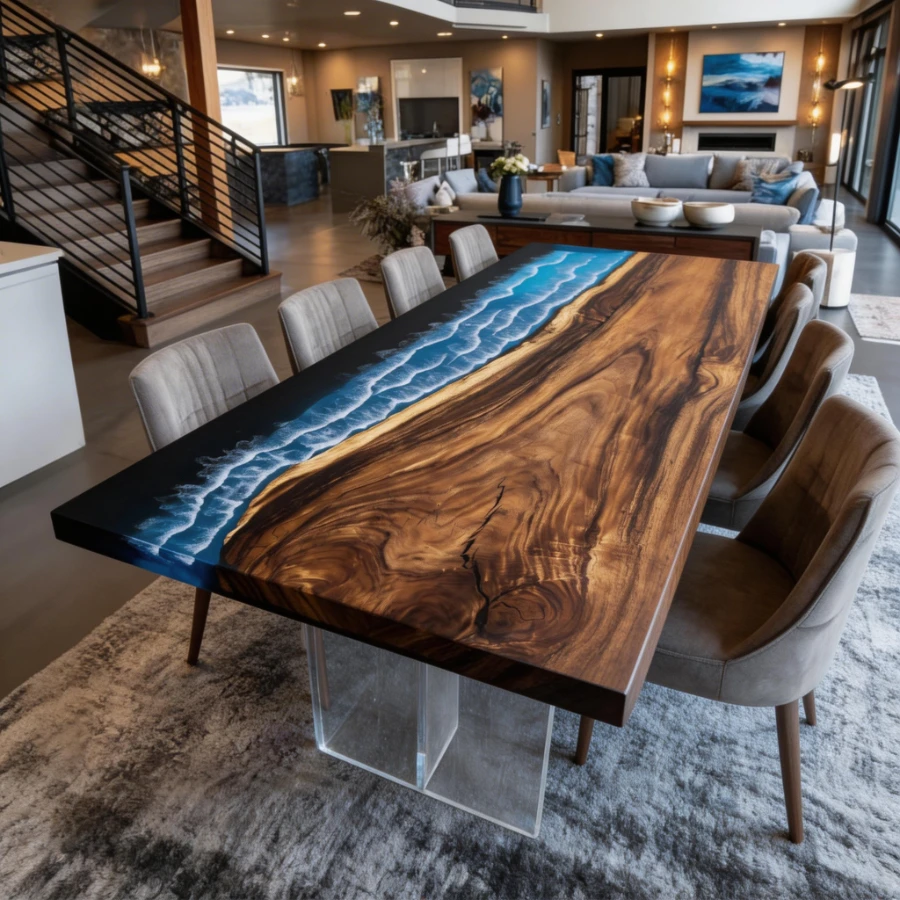 Custom Navy Blue Resin River Walnut Table with Ocean Fish Details-HTM-1 - Image 2