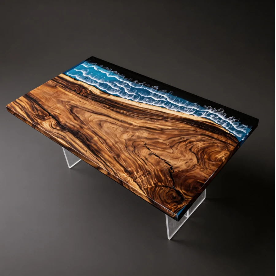 Custom Navy Blue Resin River Walnut Table with Ocean Fish Details-HTM-1 - Image 4