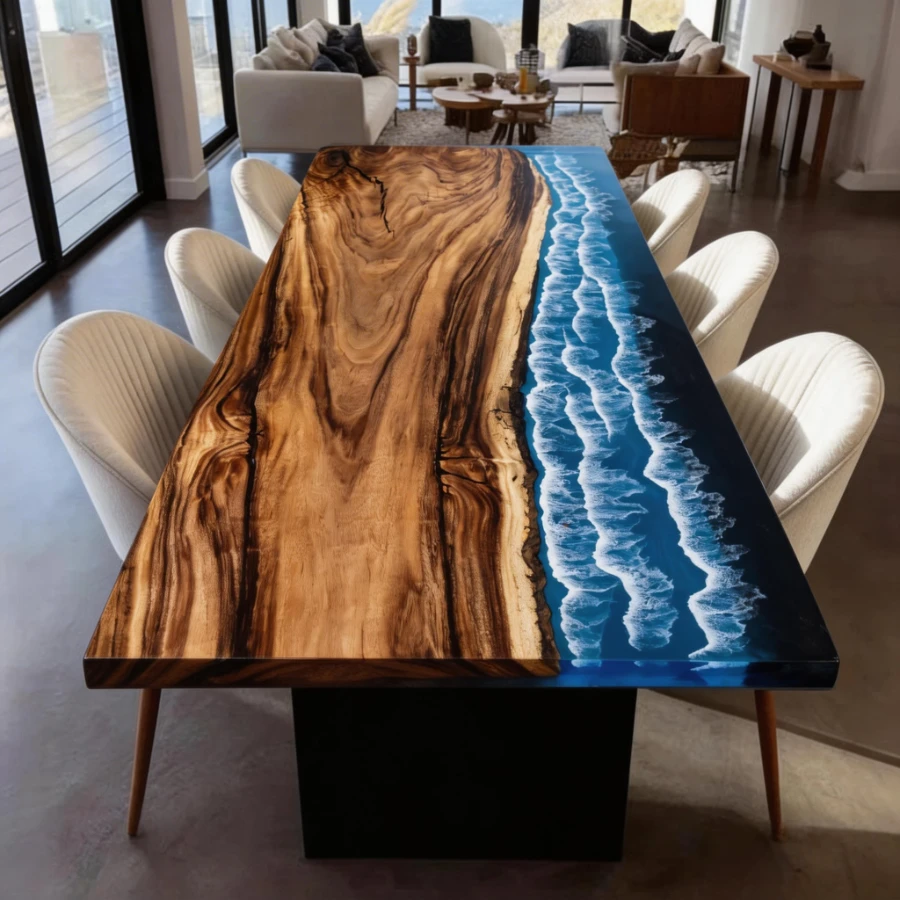 Custom Navy Blue Resin River Walnut Table with Ocean Fish Details-HTM-1