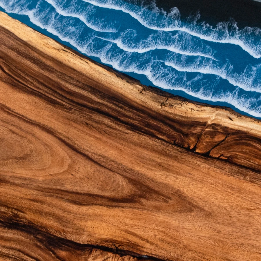 Custom Navy Blue Resin River Walnut Table with Ocean Fish Details-HTM-1 - Image 5