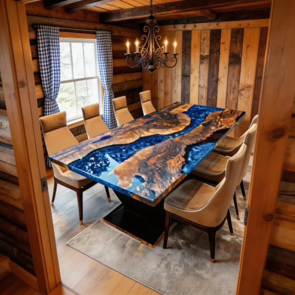 Alternative view of Custom Handmade Black Walnut Blue Swirl Epoxy Resin River Dining Table-HHT-1