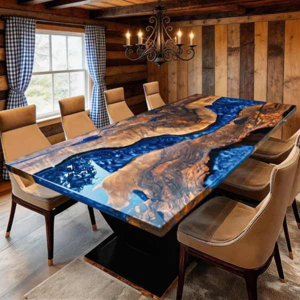 Custom Handmade Black Walnut Blue Swirl Epoxy Resin River Dining Table-HHT-1