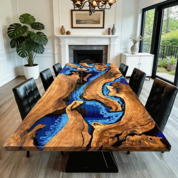 Alternative view of Custom Olive Wood Ocean Wave Style Epoxy Resin River Table-HTM-7