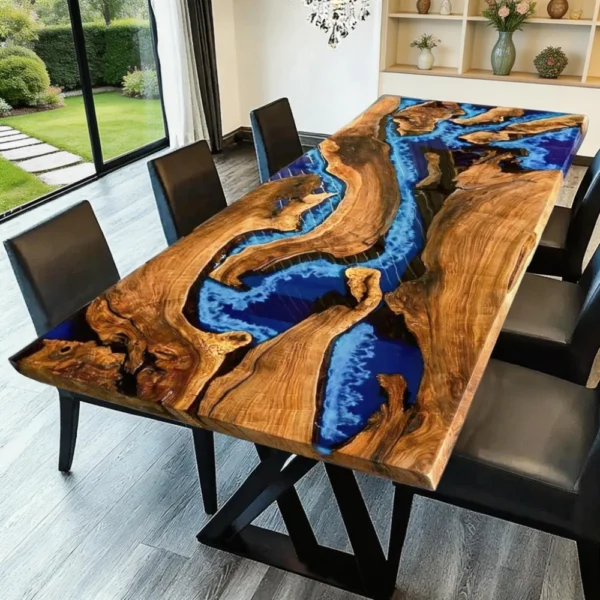 Custom Olive Wood Ocean Wave Style Epoxy Resin River Table-HTM-7