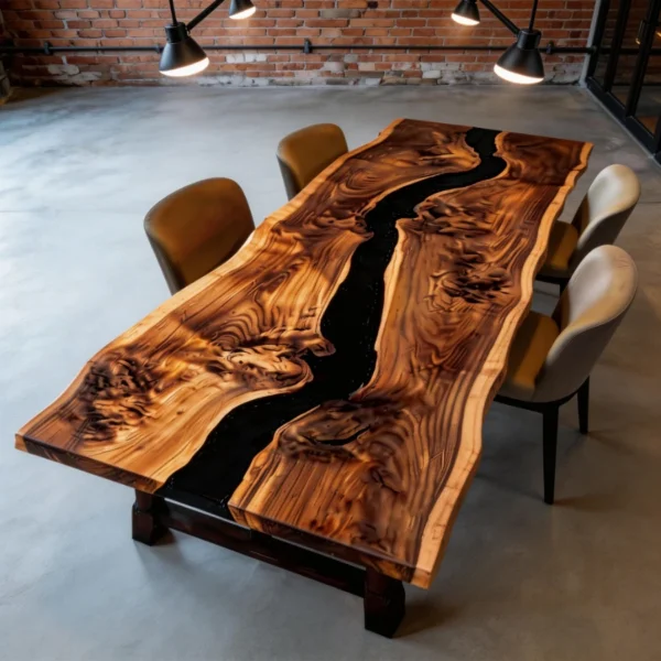 ‌Natural Edge Black Walnut Epoxy Resin River DiningTable-HHT-2