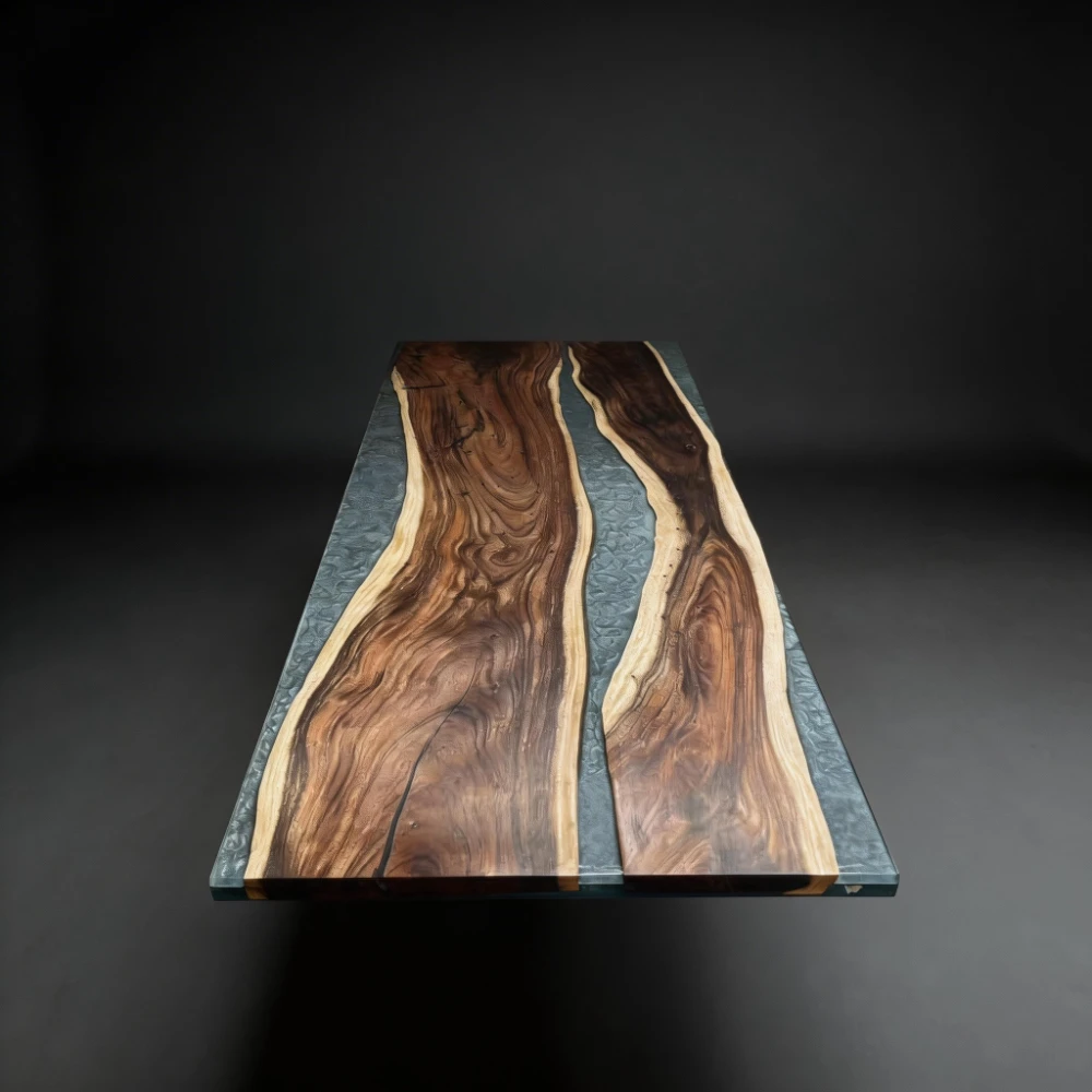 Walnut Double-Spliced Natural Edge Dining Table with Silver Gray Pattern-HTM-12 - Image 4