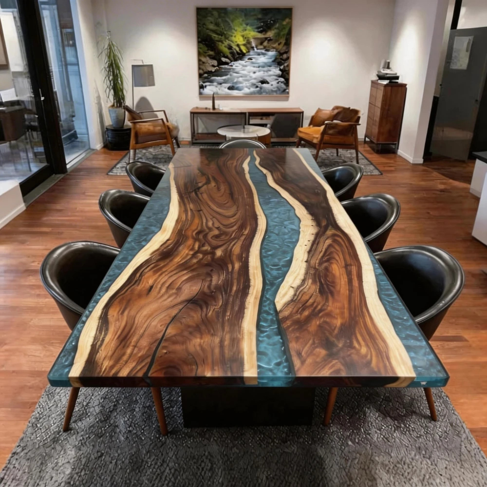 Walnut Double-Spliced Natural Edge Dining Table with Silver Gray Pattern-HTM-12 - Image 2