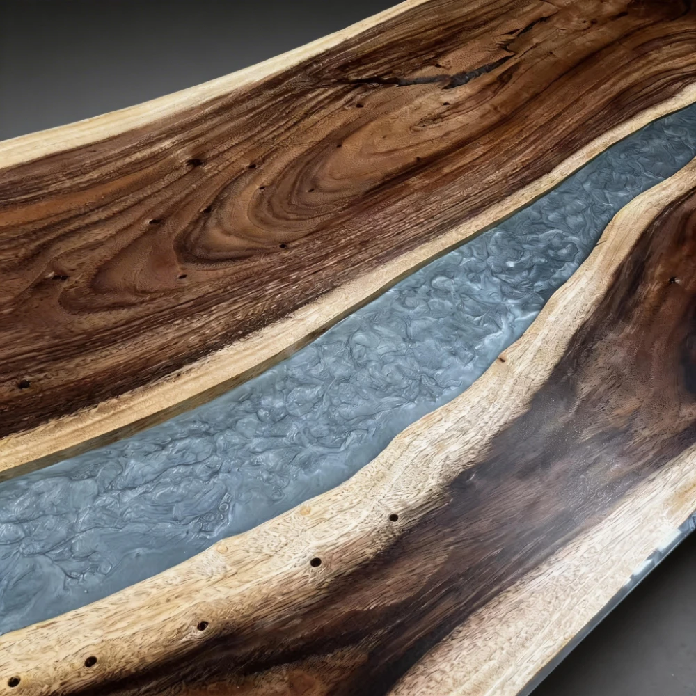 Walnut Double-Spliced Natural Edge Dining Table with Silver Gray Pattern-HTM-12 - Image 5