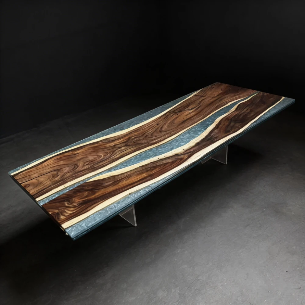 Walnut Double-Spliced Natural Edge Dining Table with Silver Gray Pattern-HTM-12 - Image 3