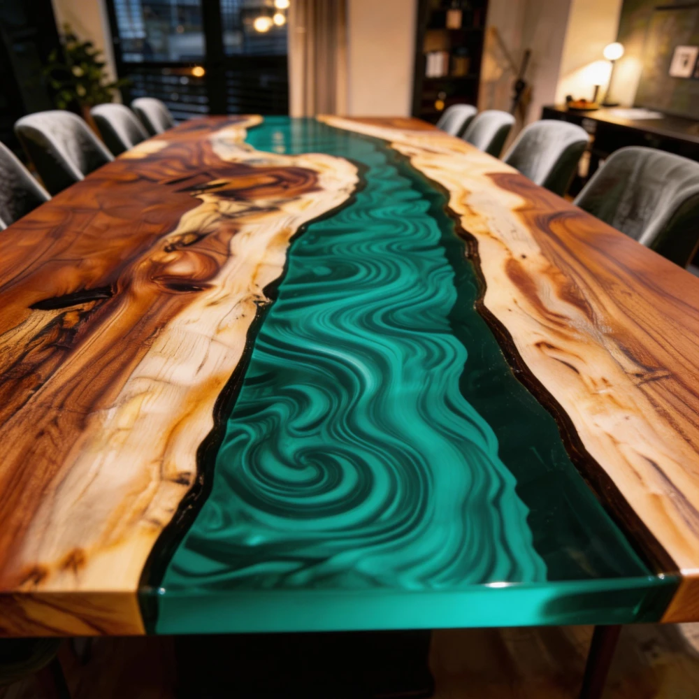 Walnut Resin Dining Table with Emerald Ocean Vortex Design-HTM-11 - Image 5