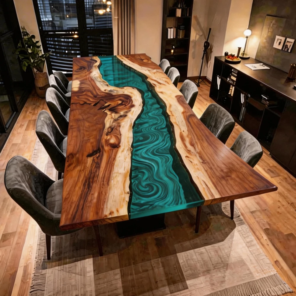 Walnut Resin Dining Table with Emerald Ocean Vortex Design-HTM-11