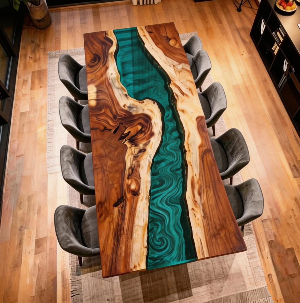 Walnut Resin Dining Table with Emerald Ocean Vortex Design-HTM-11 - Image 3