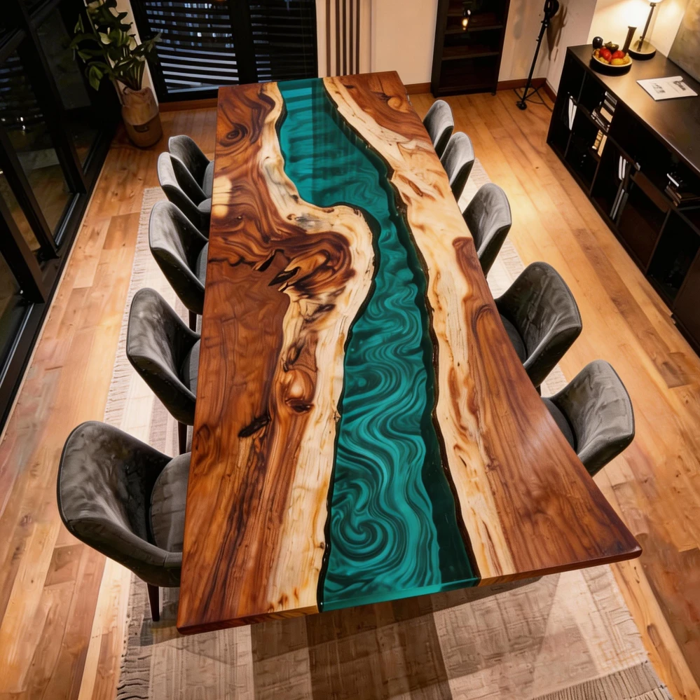 Walnut Resin Dining Table with Emerald Ocean Vortex Design-HTM-11 - Image 2