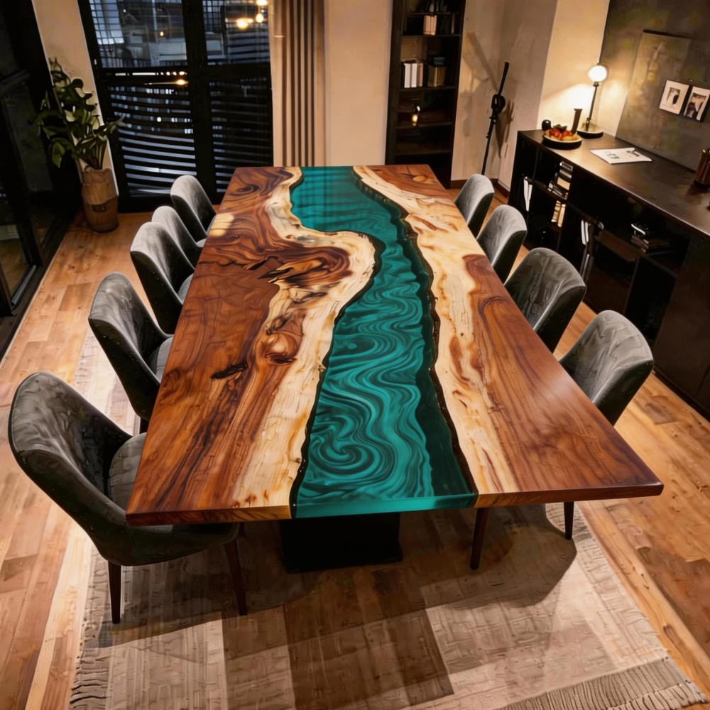 Walnut Resin Dining Table with Emerald Ocean Vortex Design-HTM-11 - Image 4